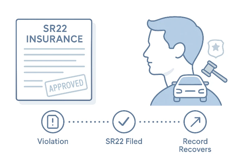 Minimalist infographic showing an SR22 insurance form, driver profile with car and legal icons, and a timeline with icons for violation, SR22 filing, and record recovery, visually explaining how SR22 insurance relates to your driving record.
