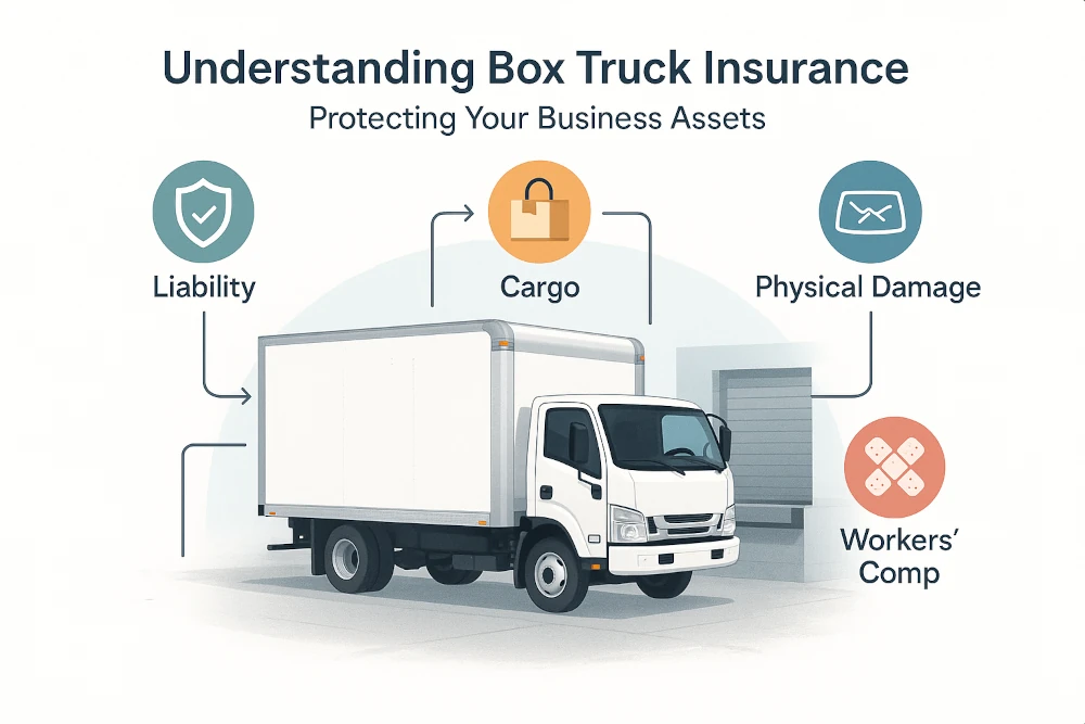 Modern infographic showing a white box truck at a loading dock, surrounded by labeled icons for liability, cargo insurance, physical damage, and workers’ compensation, with arrows linking each icon to relevant truck parts. Clean, business-friendly design emphasizes clarity and box truck insurance education.
