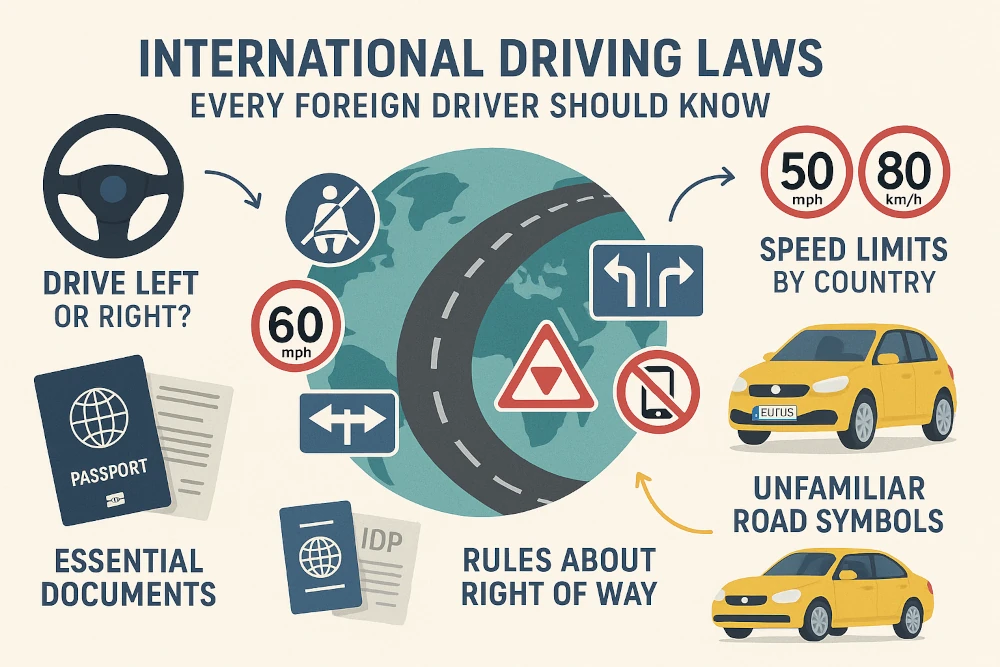 Educational infographic showing key international driving laws, a globe wrapped with road, diverse road signs, documents, passports, and a rental car; headings guide users through speed limits, required documents, and driving sides, using clear vector art for global accessibility on travel or educational sites.