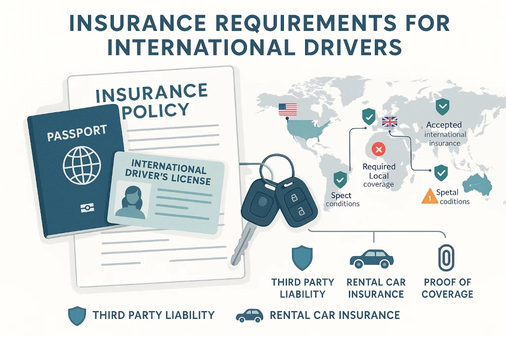 Educational infographic showing a passport, international driver’s license, car keys, and insurance policy documents. Includes a world map with country flags, insurance symbols, and sections explaining third party liability, rental car insurance, and proof of coverage, using clear icons and minimalist design.