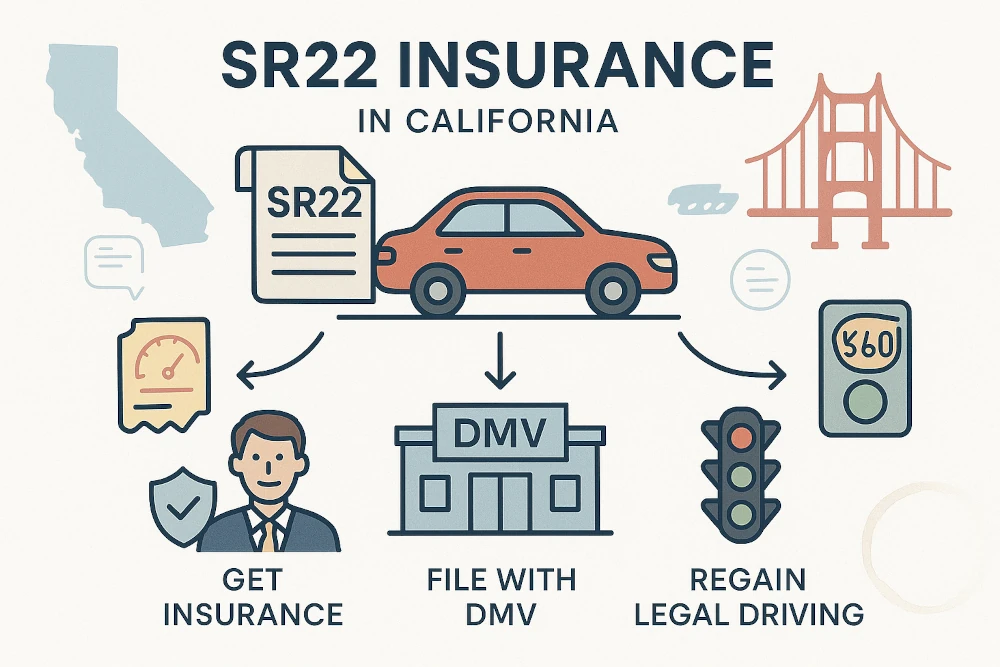 Minimalist infographic explaining SR22 insurance in California, featuring a car, SR22 document, state icons, and step-by-step illustrations for filing, DMV submission, and regaining driving status, all in friendly flat design with clear labels, soft colors, and real-world document imperfections.