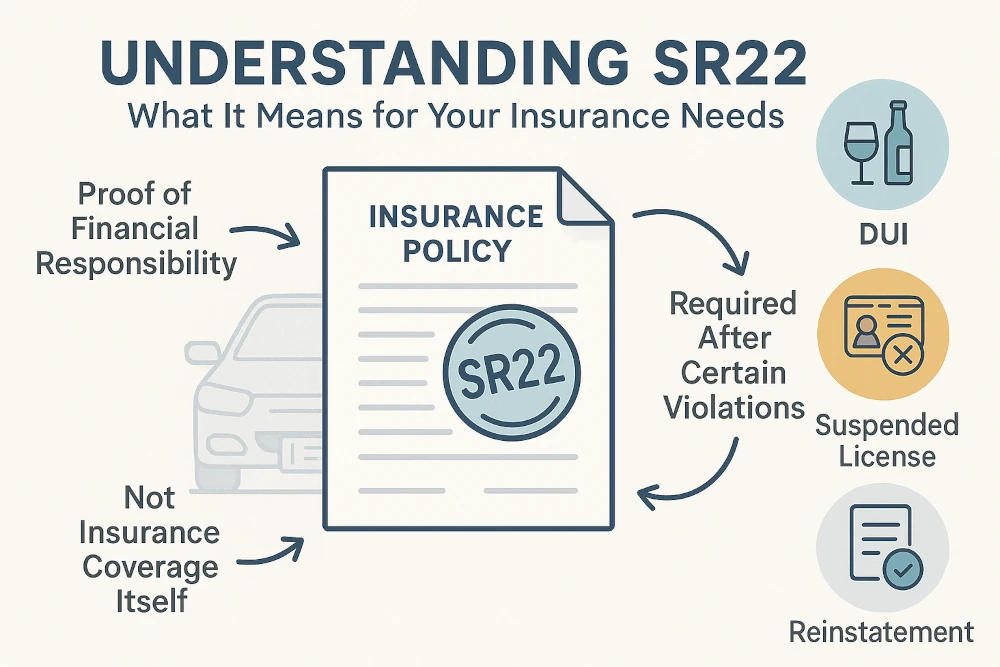 Educational infographic showing an SR22 insurance document, a car and license plate icon, arrows linking concepts like proof of responsibility, violations, and reinstatement, plus icons for DUI, suspended license, and reinstatement steps.