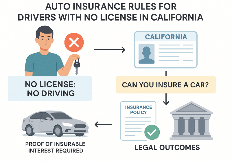 Minimalist infographic showing auto insurance rules for unlicensed drivers in California with icons: car keys with red X, blue driver’s license, car with insurance form and green checkmark, courthouse for legal consequences, and clear labeled sections guiding users through rules and legal outcomes.