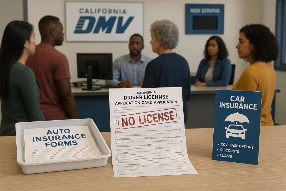 Diverse people wait at a California DMV counter with auto insurance forms and a driver’s license application marked 'No License,' highlighting challenges of getting car insurance without a license in California.