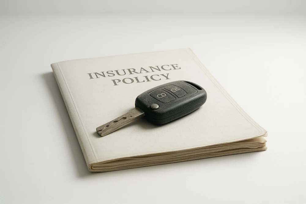 A dust-covered car key rests atop a weathered insurance policy folder on a pristine white background, illuminated by soft lighting. The scene symbolizes insuring an unused car, emphasizing protection, security, and the passage of time without recent vehicle use. No people or distractions.