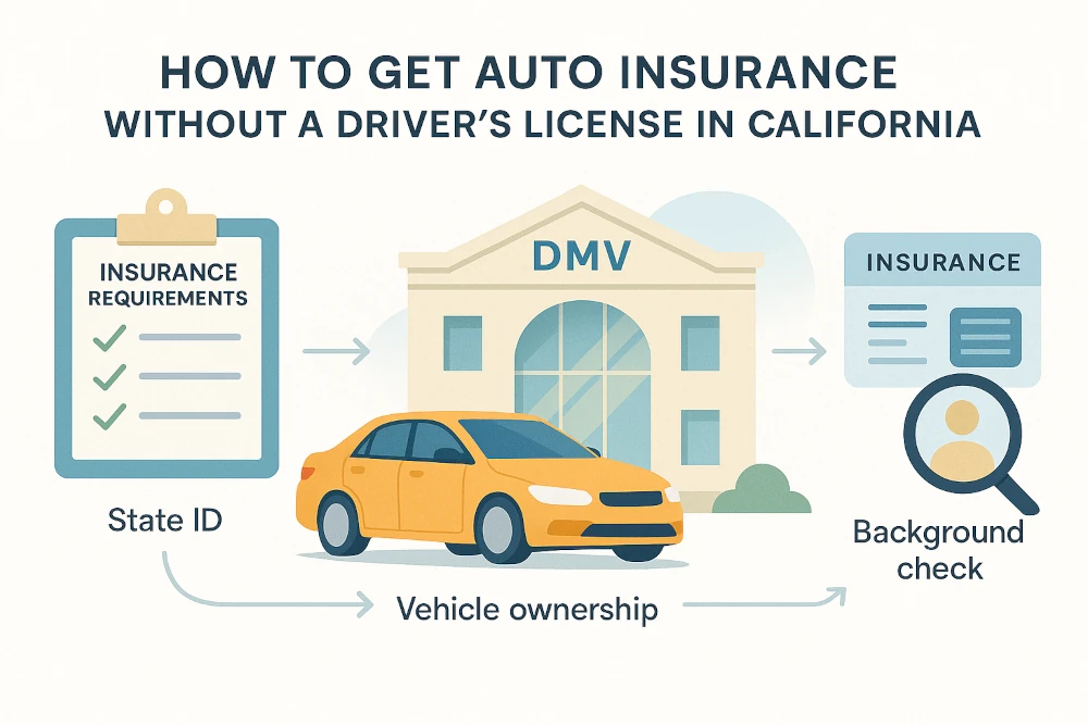 Infographic showing steps to get auto insurance without a driver’s license in California, with a checklist, DMV building, parked car, icons for state ID, ownership, insurance card, background check, and connecting arrows. 