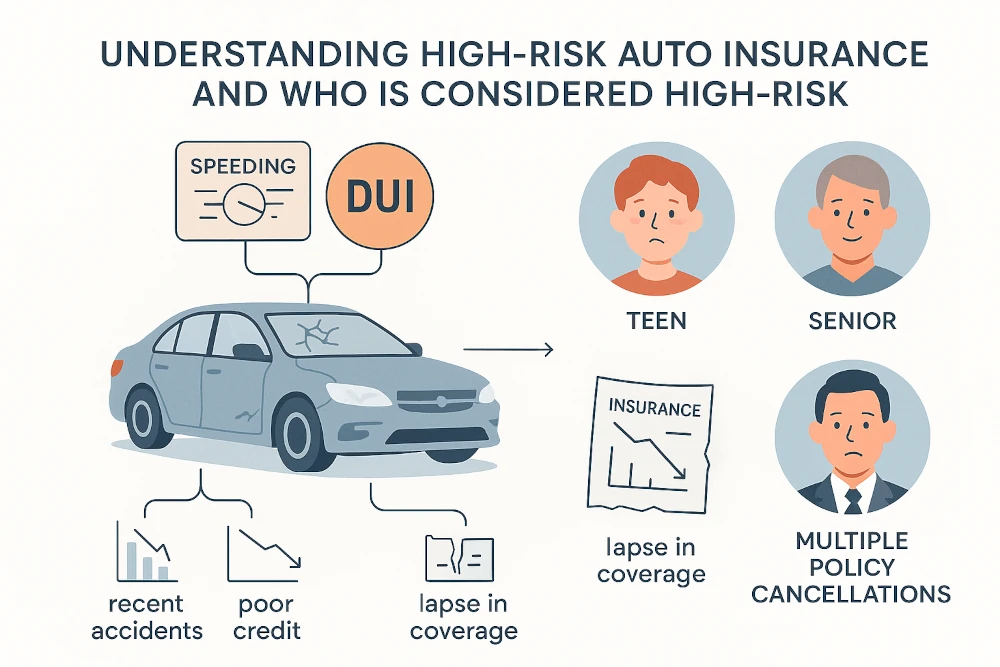 Infographic illustrating high-risk auto insurance: damaged car, DUI and speeding icons, diverse high-risk drivers, and risk factors like recent accidents, poor credit, and policy lapse. Flat vector style, labeled elements, clear layout, and accessible design on a white background.