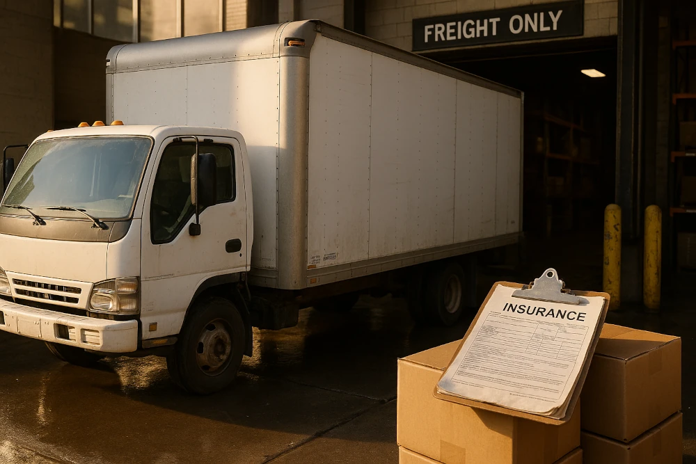 White box truck with visible wear parked at an urban loading dock, garage door marked Freight Only with insurance documents nearby