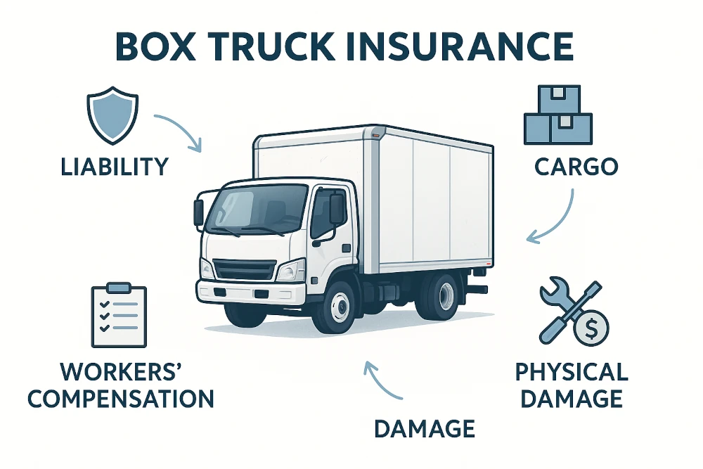 Infographic showing a realistic white box truck at center, surrounded by labeled insurance coverages including liability, cargo, physical damage, and workers compensation