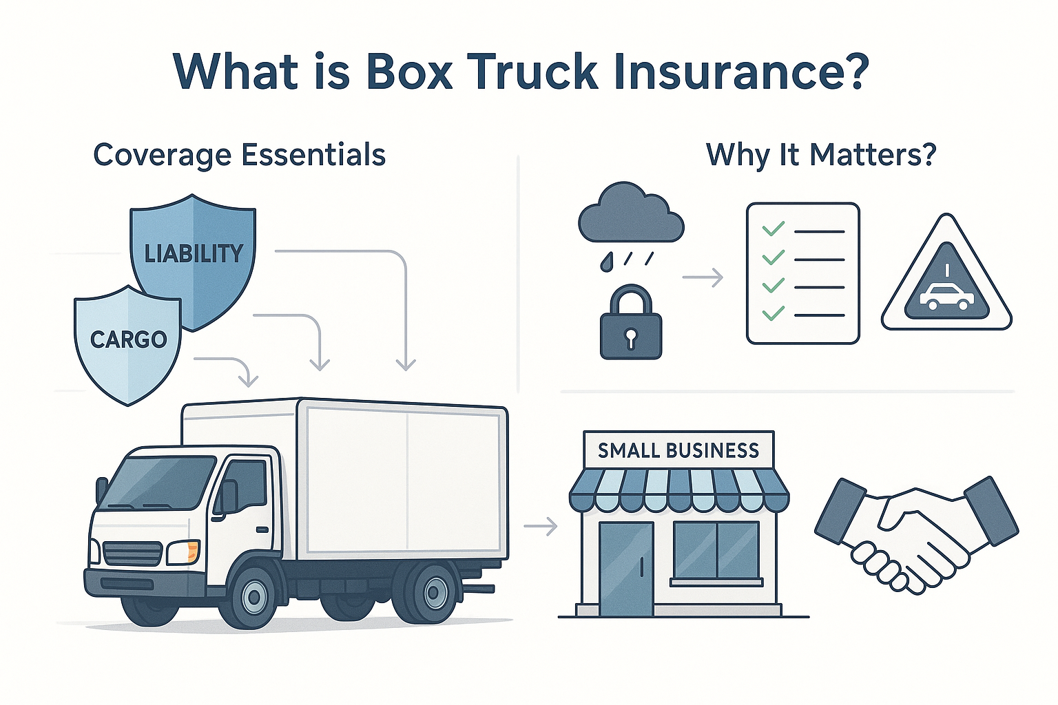 Infographic showing box truck insurance for small businesses, including liability, cargo, vehicle coverage, common risks, loading and unloading liability, driver factors, and cost considerations with IIS Insurance Services branding.