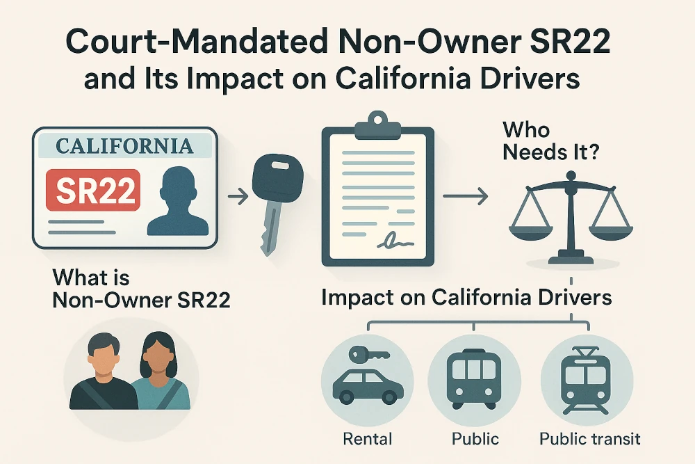 Educational infographic explaining court-mandated non-owner SR22 for California drivers, featuring a driver’s license with SR22 label, car key without vehicle, court papers, legal scale, and icons for ride-sharing, car rentals, and public transit.