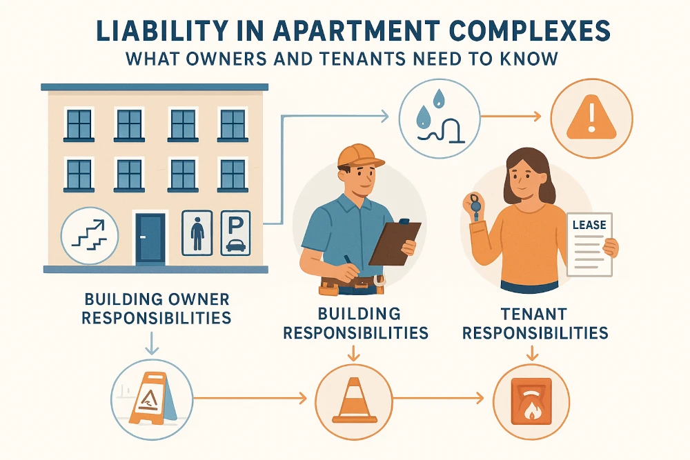 Educational infographic showing apartment liability. Features building, shared spaces, owner and tenant with responsibility icons for leaks, maintenance, hazards.