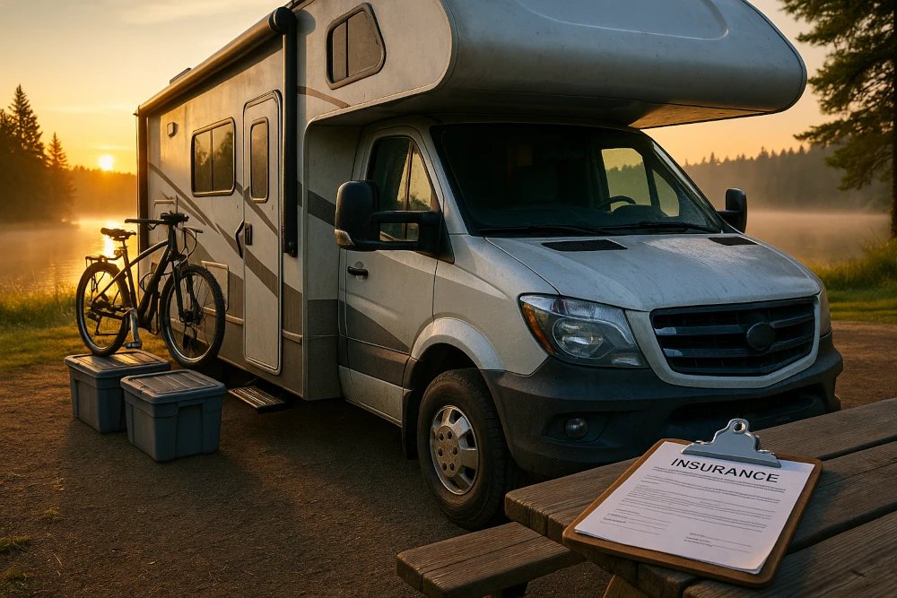 Modern RV at sunrise by a misty lakeside, with insurance documents on a picnic table, locked bicycle on a rack, and weatherproof storage bins nearby, symbolizing RV insurance and protection during road travel.