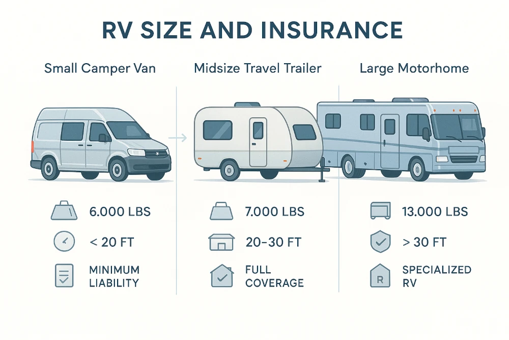 Infographic comparing small camper vans, midsize travel trailers, and large motorhomes with vector illustrations, showing gross vehicle weight, typical length, and example insurance requirements for each RV type. Colorful icons, clear section headers, and informational arrows highlight differences in insurance needs by RV size.