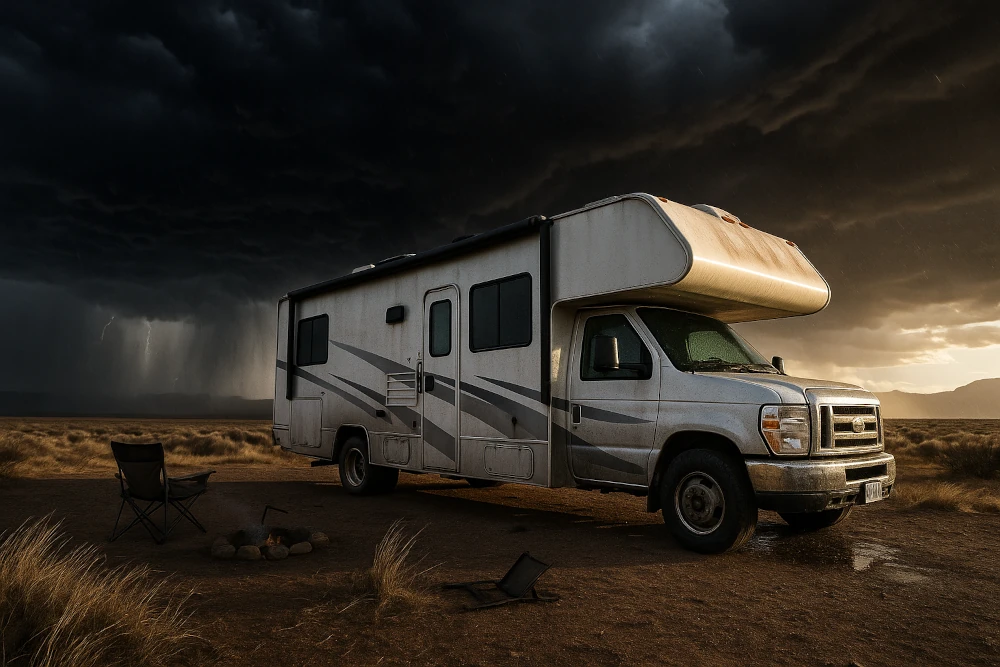 Modern RV at remote campground under ominous storm clouds, with rain, lightning, muddy tires, water streaks, and wind-flattened grass, illustrating weather risks and vulnerability of recreational vehicles during sudden, severe weather events and changing climate conditions.