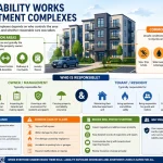 Infographic showing how liability works in apartment complexes, including owner and tenant responsibilities, common hazards, and insurance coverage