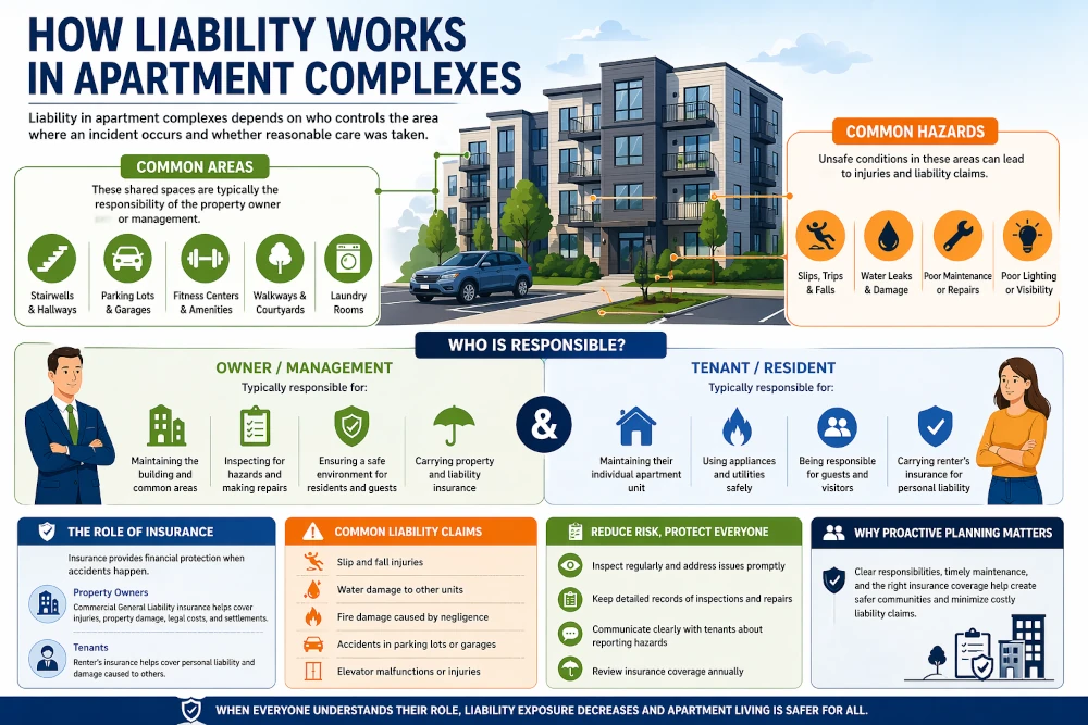 Infographic showing how liability works in apartment complexes, including owner and tenant responsibilities, common hazards, and insurance coverage