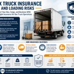 Infographic showing box truck insurance coverage, loading risks, cargo damage causes, and safety practices for commercial truck operations