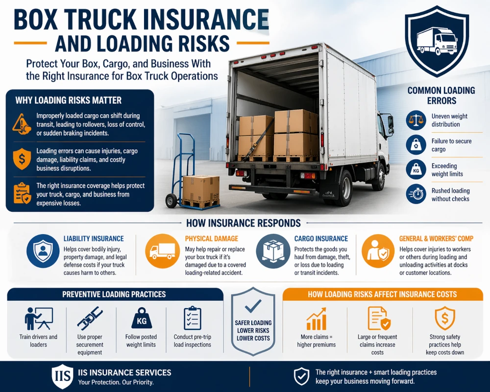 Infographic showing box truck insurance coverage, loading risks, cargo damage causes, and safety practices for commercial truck operations