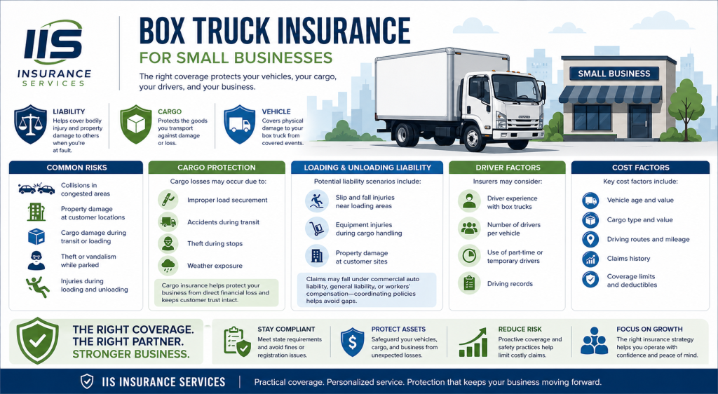 Infographic showing box truck insurance for small businesses, including liability, cargo, vehicle coverage, common risks, loading and unloading liability, driver factors, and cost considerations with IIS Insurance Services branding.