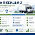 Infographic showing box truck insurance for small businesses, including liability, cargo, vehicle coverage, common risks, loading and unloading liability, driver factors, and cost considerations with IIS Insurance Services branding.