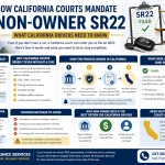 Infographic explaining how California courts mandate non-owner SR22 insurance, including filing process, coverage details, compliance rules, and common mistakes drivers should avoid