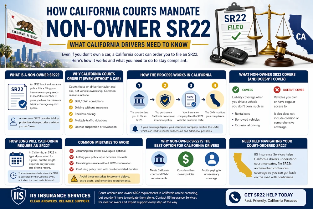 Infographic explaining how California courts mandate non-owner SR22 insurance, including filing process, coverage details, compliance rules, and common mistakes drivers should avoid