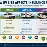 Infographic showing how RV size affects insurance needs, comparing Class A, Class B, and Class C RVs with coverage, liability, and cost differences