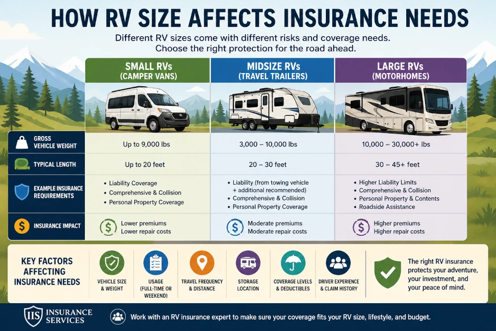 Infographic showing how RV size affects insurance needs, comparing Class A, Class B, and Class C RVs with coverage, liability, and cost differences