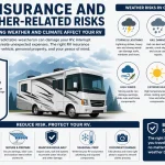 Infographic showing RV insurance and weather-related risks, including storms, hail, flooding, extreme heat, and prevention tips for RV owners.
