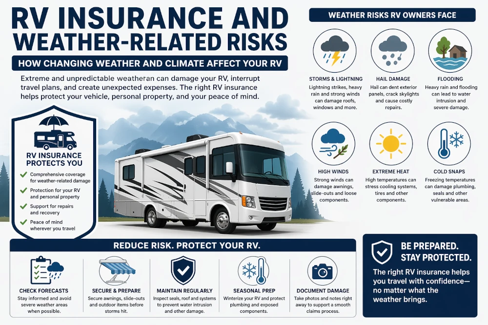 Infographic showing RV insurance and weather-related risks, including storms, hail, flooding, extreme heat, and prevention tips for RV owners.