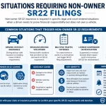 Infographic showing situations requiring non-owner SR22 filings including DUI, driving without insurance, license suspension, and court-ordered requirements