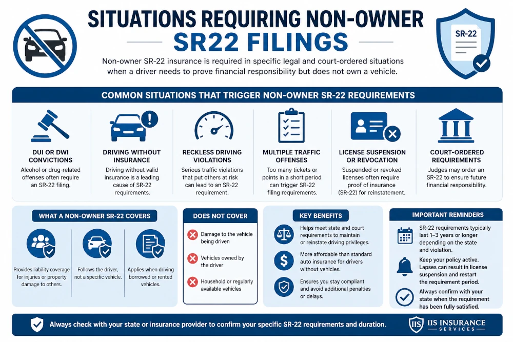 Infographic showing situations requiring non-owner SR22 filings including DUI, driving without insurance, license suspension, and court-ordered requirements
