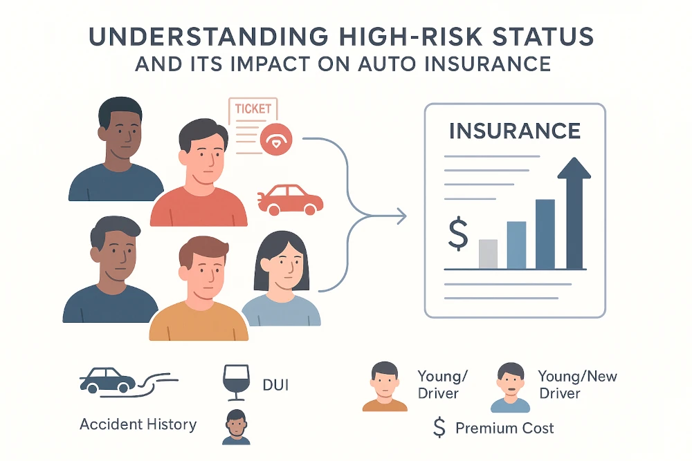 Minimalist infographic showing diverse drivers, high-risk icons like speeding tickets and accidents, and an insurance document with rising premium arrows. Includes a legend for accident history, DUI, young driver, and premium cost, clearly illustrating how high-risk status affects auto insurance rates.