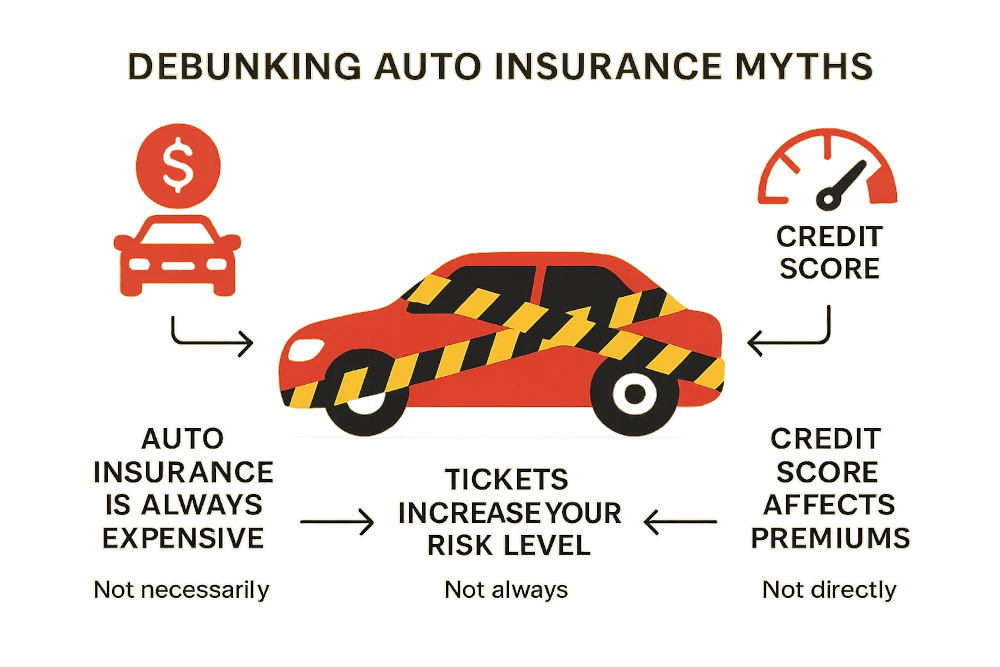 Minimalist infographic showing a car wrapped in caution tape, surrounded by three debunked auto insurance myths with vector icons: red car insurance cost, tickets and risk level, and credit score affecting premiums.