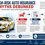 Infographic debunking common high-risk auto insurance myths in California, including premium costs, violations, and insurance risk factors.