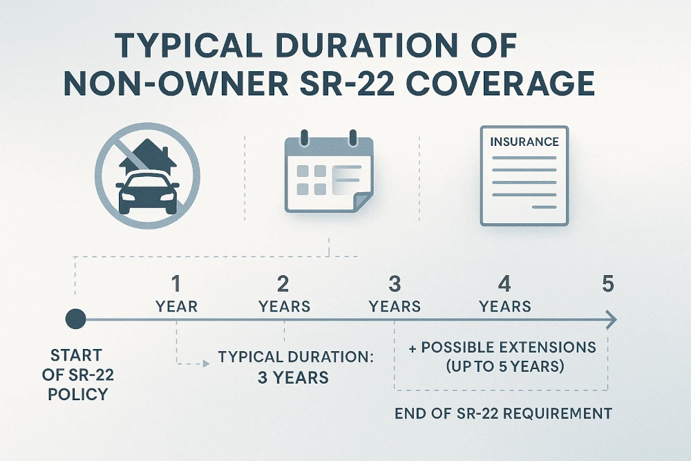 Infographic poster showing a timeline from 1 to 5 years for non-owner SR-22 coverage, labeled with key milestones, policy start, duration, possible extension, and end date. Icons depict a car, no owner symbol, insurance document, and calendar, with clear, accessible educational visuals.