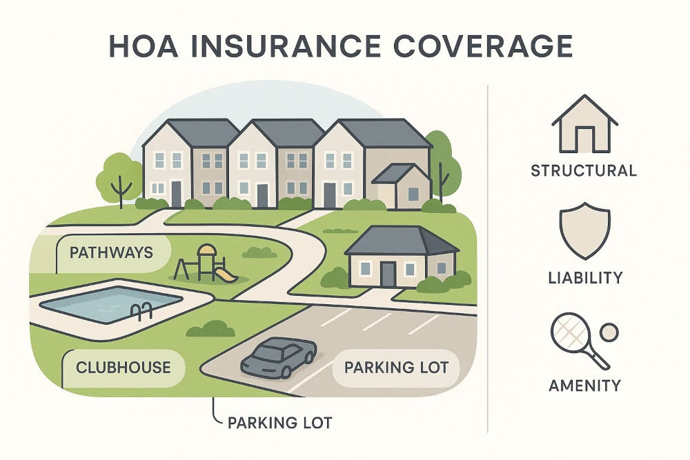 Educational infographic illustrating HOA insurance coverage for common areas, including playground, pool, tennis court, pathways, and parking lot.