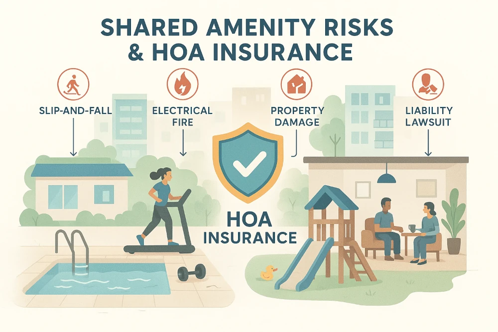 Infographic showing shared amenities in a condo community; pool, gym, playground, lounge; each with illustrated risks like water leaks and slip hazards. Arrows and icons highlight dangers and link to a central shield with a checkmark, symbolizing HOA insurance protection. Clean, approachable design enhances clarity.