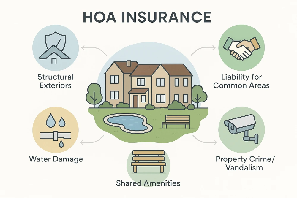 Educational infographic showing HOA insurance protections: townhouse cluster in center, surrounded by icons for structural exteriors, liability, water damage, property crime, and shared amenities.