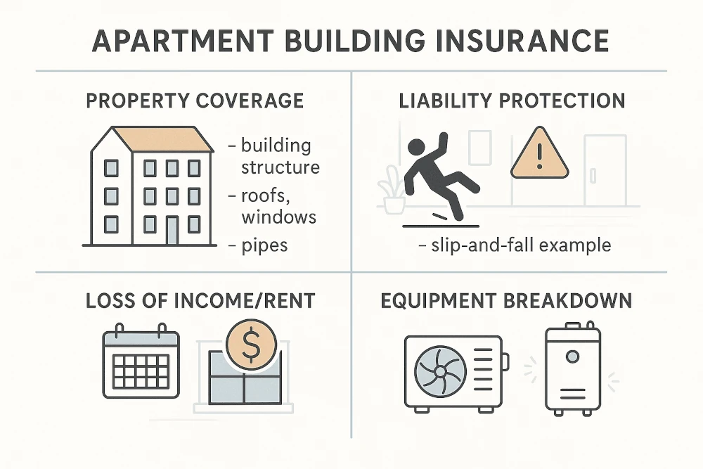 Minimalist infographic summarizing apartment building insurance: property coverage with building icons, liability protection with caution symbols, loss of income with a calendar and dollar sign, and equipment breakdown with HVAC and water heater illustrations.
