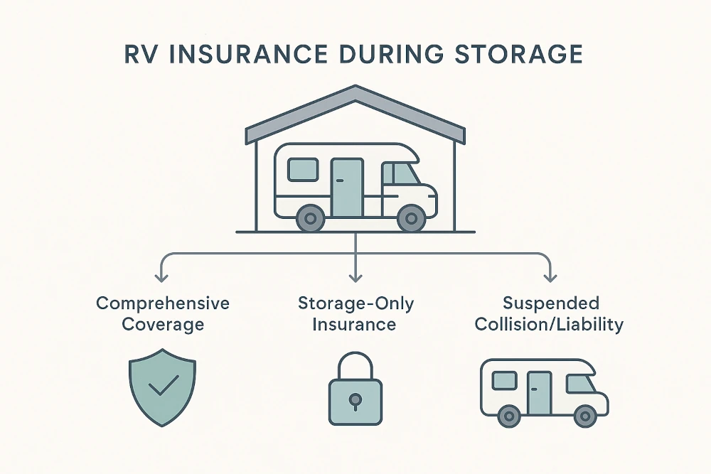Minimalist infographic illustrating RV insurance choices during storage: comprehensive coverage, storage-only, and suspended collision/liability. Features flat vector icons; a shield, padlock, and idle RV, connected to a central sheltered RV image.