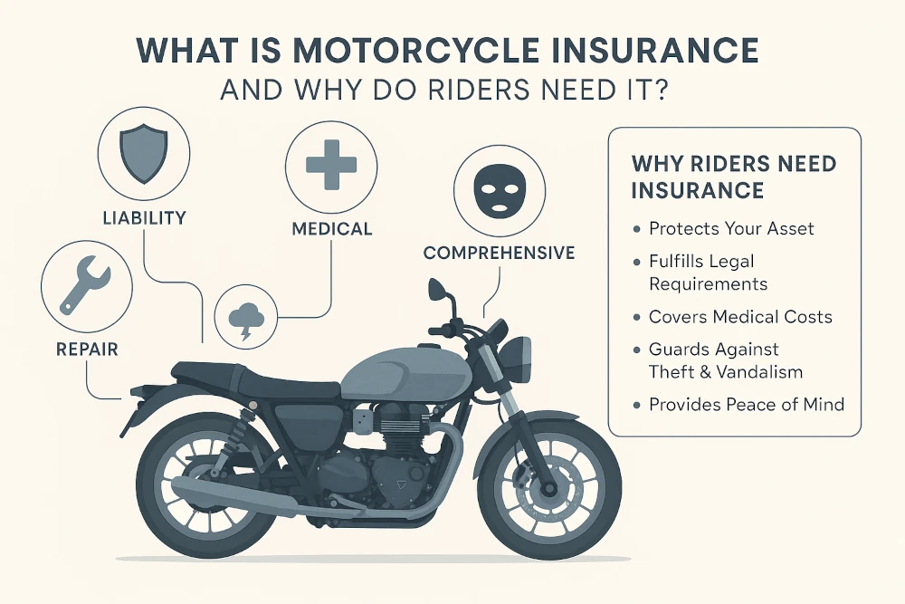 Minimalist infographic showing a modern motorcycle surrounded by icons for liability, repair, medical, theft, and weather coverage. Sidebar lists reasons for motorcycle insurance: asset protection, legal compliance, medical coverage, theft protection, and peace of mind.
