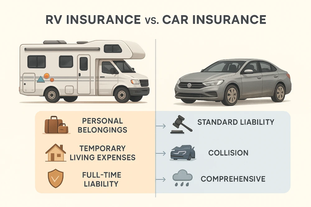 Minimalist infographic comparing RV and car insurance. Shows a detailed recreational vehicle beside a modern sedan, with color-coded sections highlighting key coverage differences, such as personal belongings, full-time liability for RVs, and standard liability, collision, comprehensive for cars. Modern, easy-to-read layout.