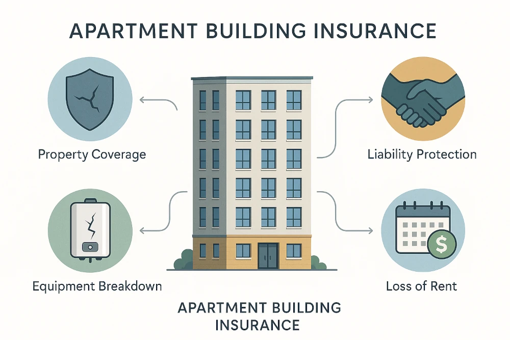 Minimalist infographic illustrating apartment building insurance components, including property coverage, liability protection, loss of rent, and equipment breakdown. Flat vector-style icons surround a central apartment building, each labeled and linked with arrows.