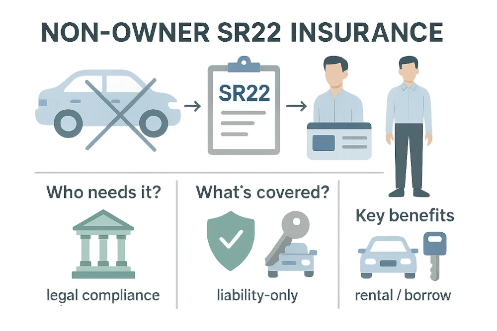 Minimalist infographic explaining non-owner SR22 insurance for drivers without a vehicle. Features icons of a crossed-out car, SR22 clipboard, insurance card, legal and insurance symbols, and a faceless driver, highlighting , compliance, and requirements with clean section titles and muted accent colors.