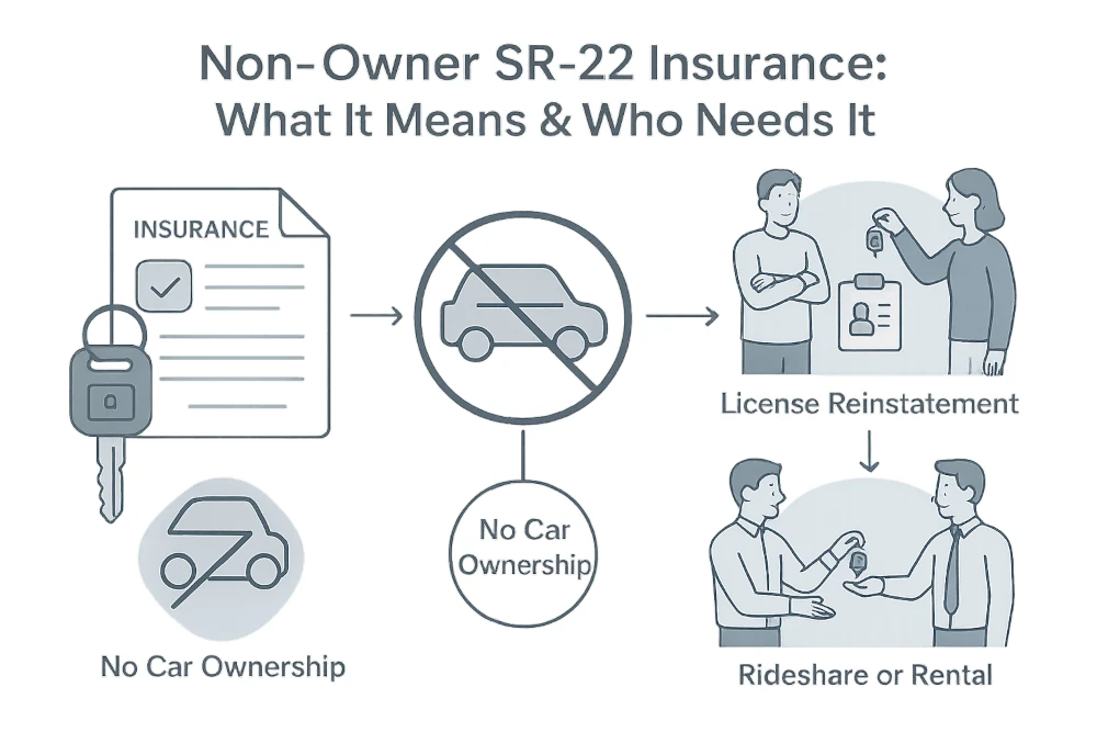 Minimalist infographic illustrating Non-Owner SR-22 insurance, featuring a car key, insurance document, and a crossed-out car. Vignettes highlight scenarios: rideshare or rental users, license reinstatement, and no car ownership.