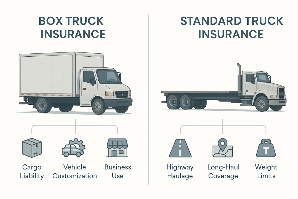 Minimalist infographic comparing box truck and standard truck insurance, showing detailed flat vector illustrations of both truck types, labeled icons for coverage differences, and a clean divider.
