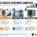 Common risks faced by apartment complexes including property damage, liability in common areas, security concerns, electrical hazards, and weather-related risks with prevention strategies for property owners and managers.