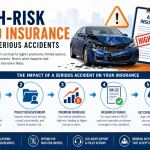 Infographic showing high-risk auto insurance after serious accidents in California, including claim filing, policy reassessment, premium increases, SR-22 requirements, and coverage options for high-risk drivers.